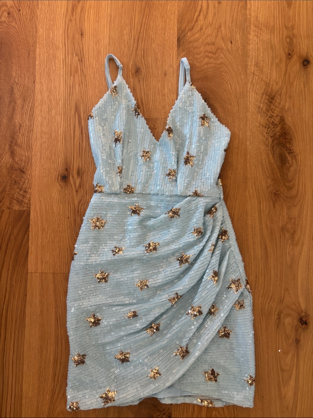 REVOLVE Light Blue Sequin Wrap Mini Dress with Gold Star Accents